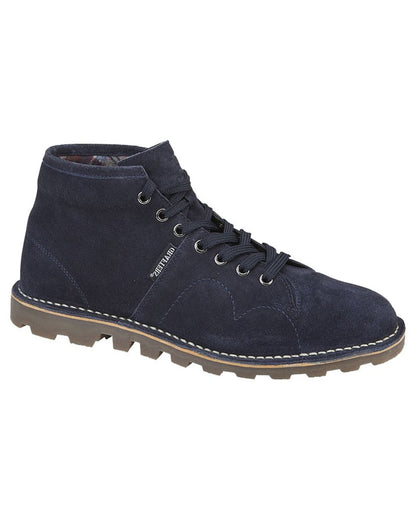 Navy coloured Grafters Heritage Monkey Boots on white background 