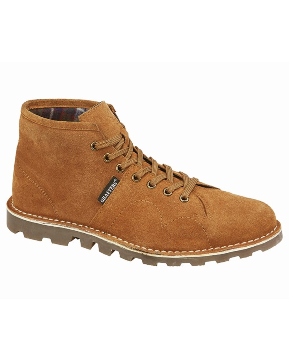 Tan coloured Grafters Heritage Monkey Boots on white background 