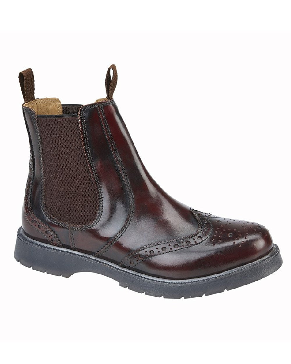 Burgundy coloured Grafters Mens Brogue Capped Twin Gusset Chelsea Boots on white background 