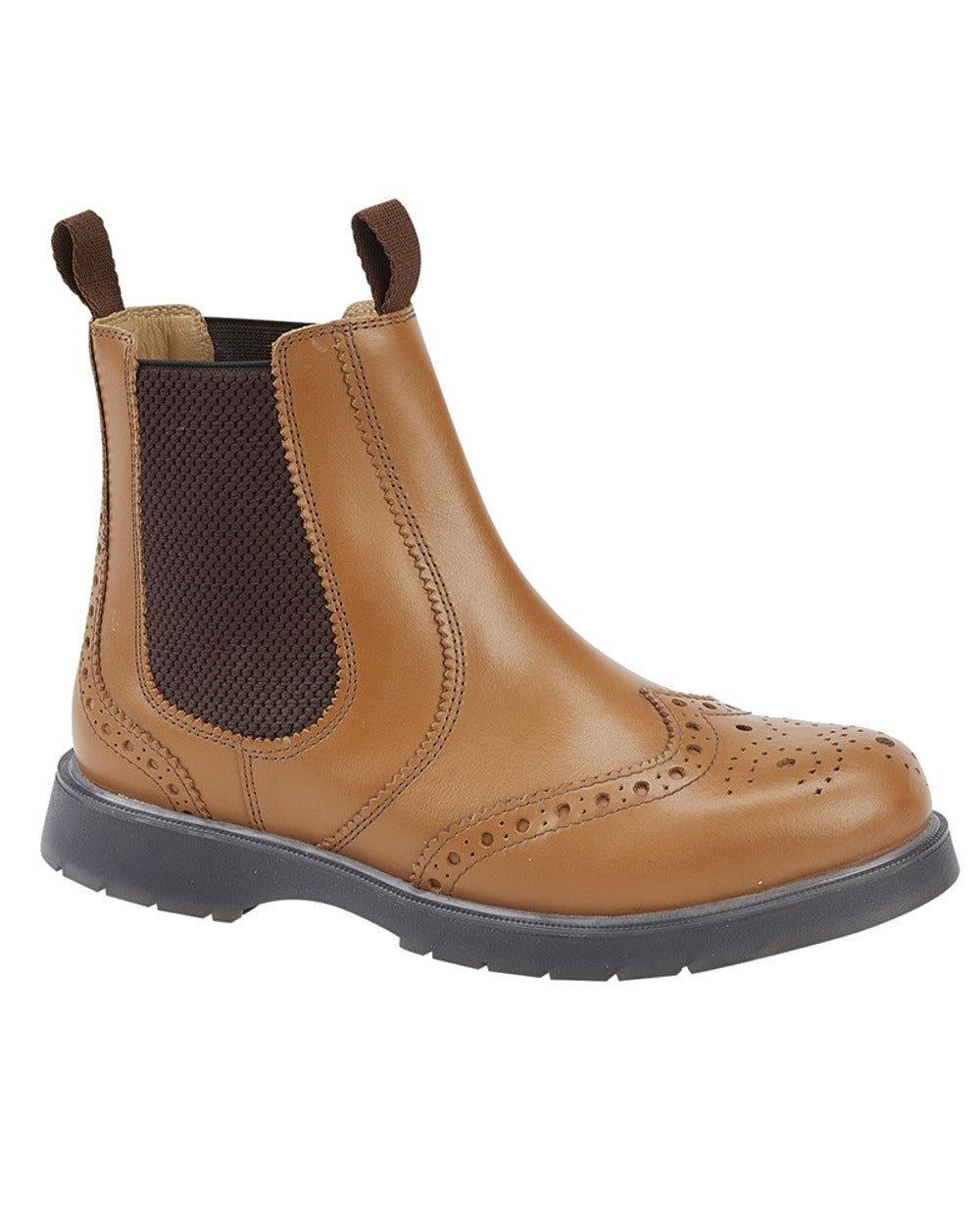 Tan Buff coloured Grafters Mens Brogue Capped Twin Gusset Chelsea Boots on white background 