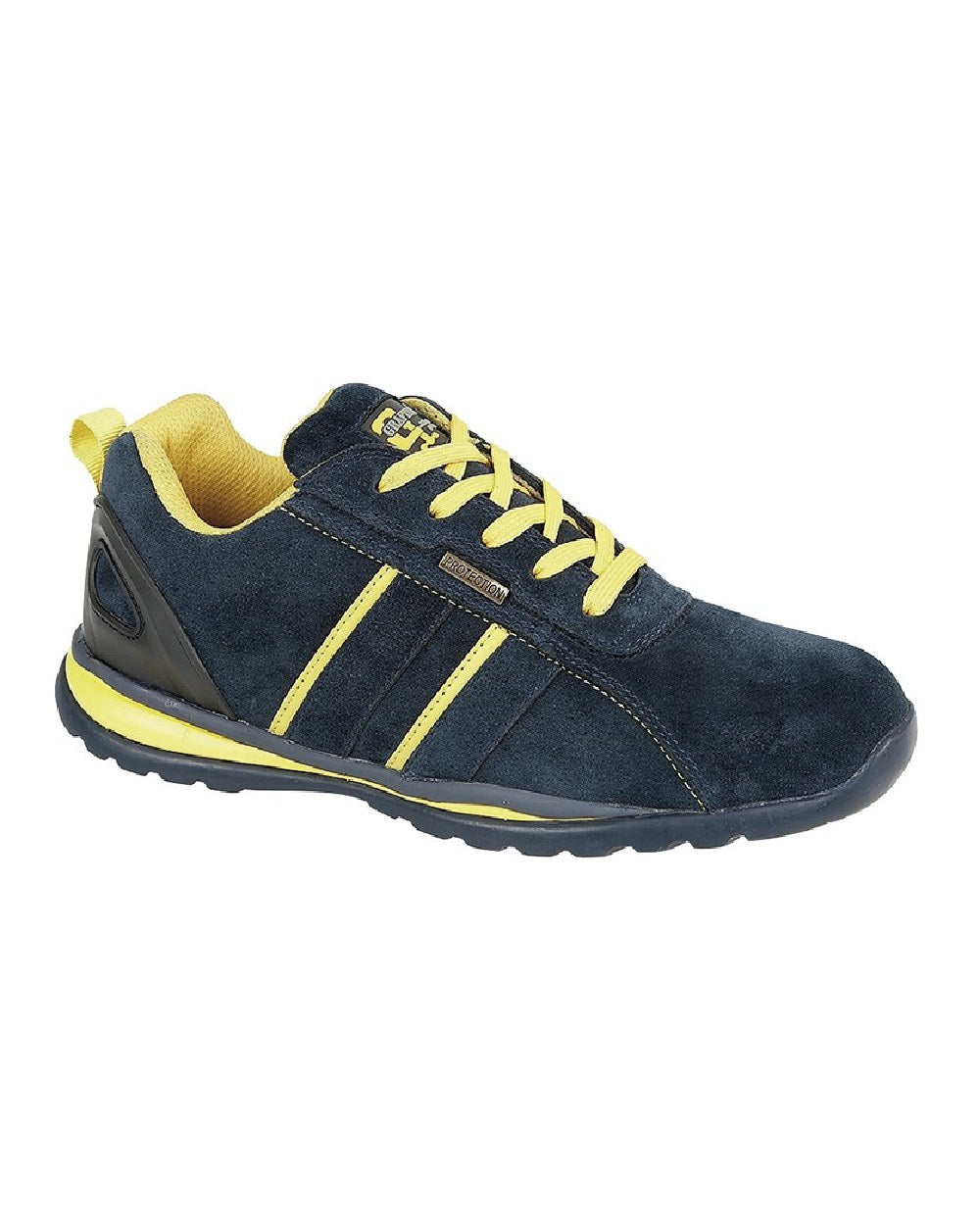 Seude navy yellow coloured Grafters Safety Toe Cap Trainer Shoes on white background 