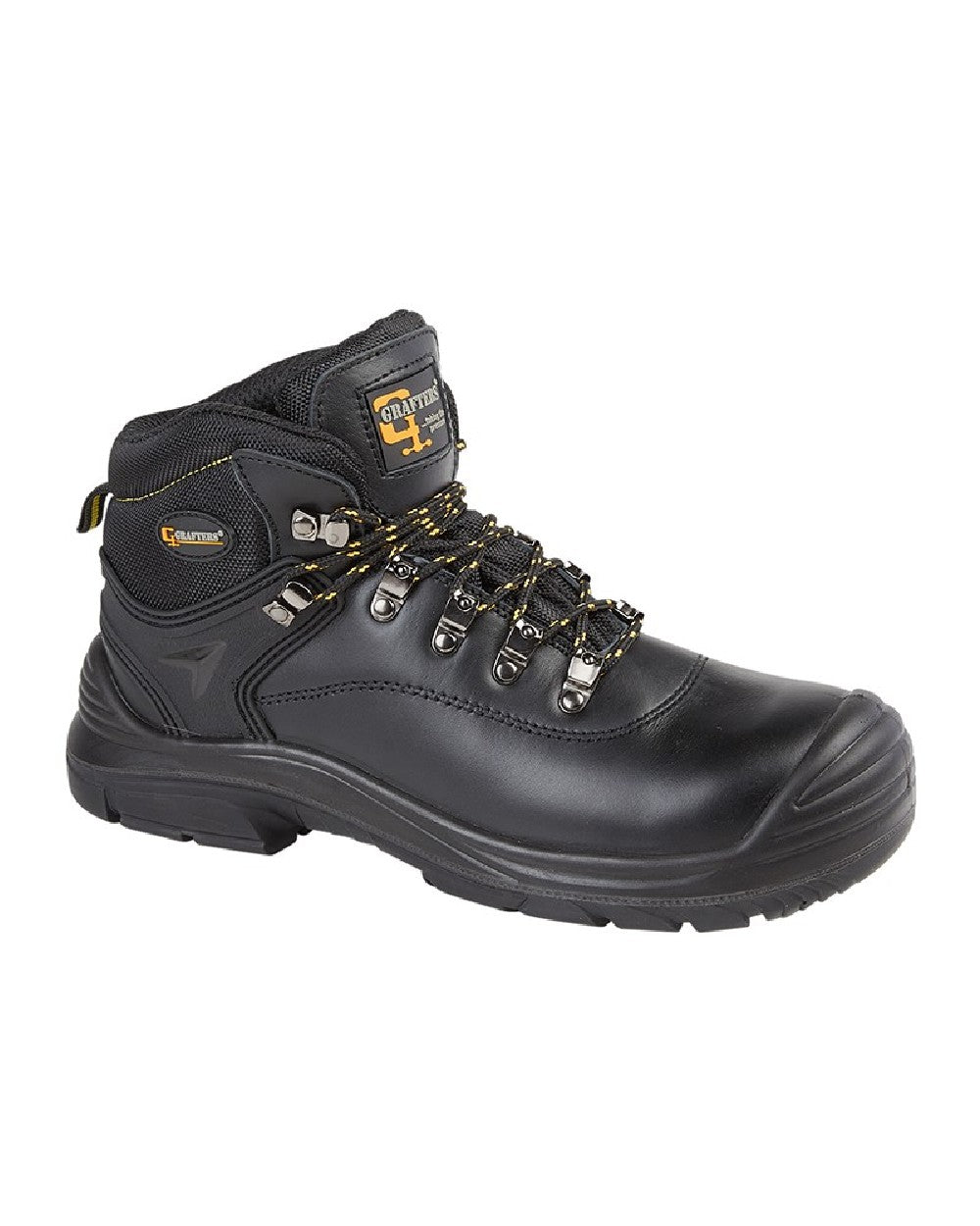 Black coloured Grafters Super Wide EEEE Fitting Safety Boots on white background 