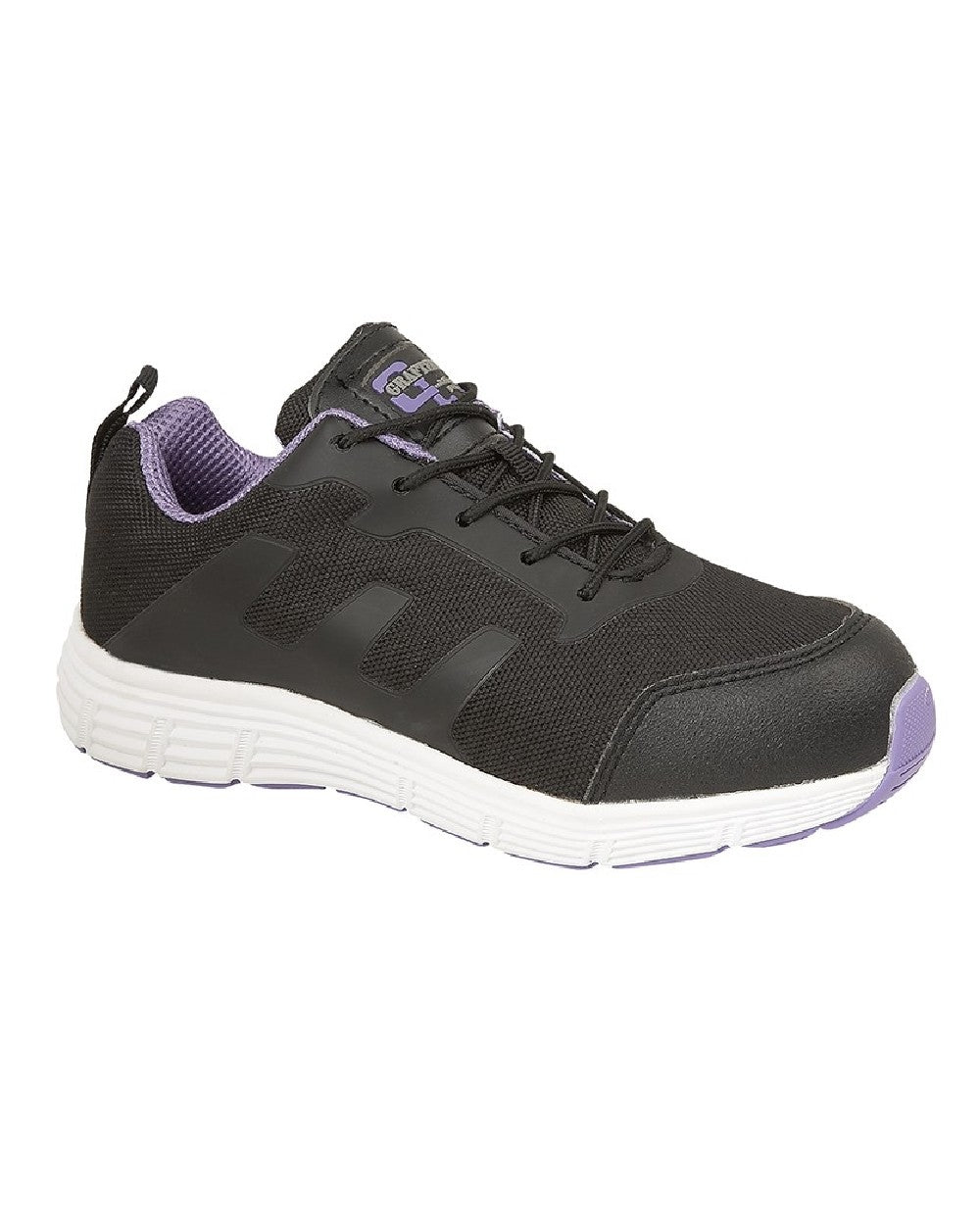 Black Lilac coloured Grafters Womens Black Nylon Mesh Safety Trainer Shoes on white background 