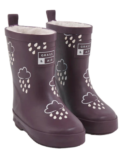 Amethyst Purple coloured Grass &amp; Air Childrens Colour-Changing Wellies on white background 