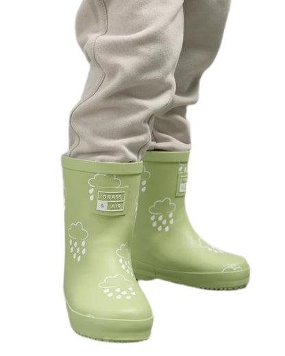 Glacial Green coloured Grass &amp; Air Childrens Colour-Changing Wellies on white background 