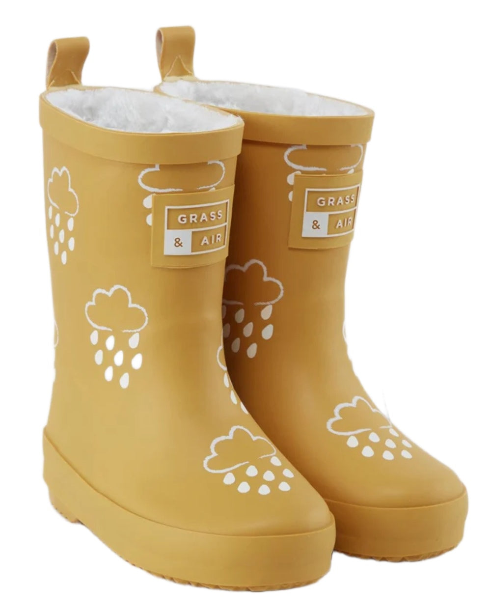 Ochre coloured Grass &amp; Air Childrens Colour-Changing Wellies on white background 