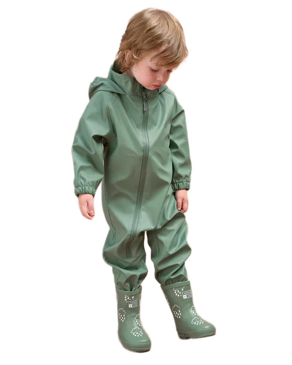 Khaki Green coloured Grass &amp; Air Childrens Puddle Suit on white background 