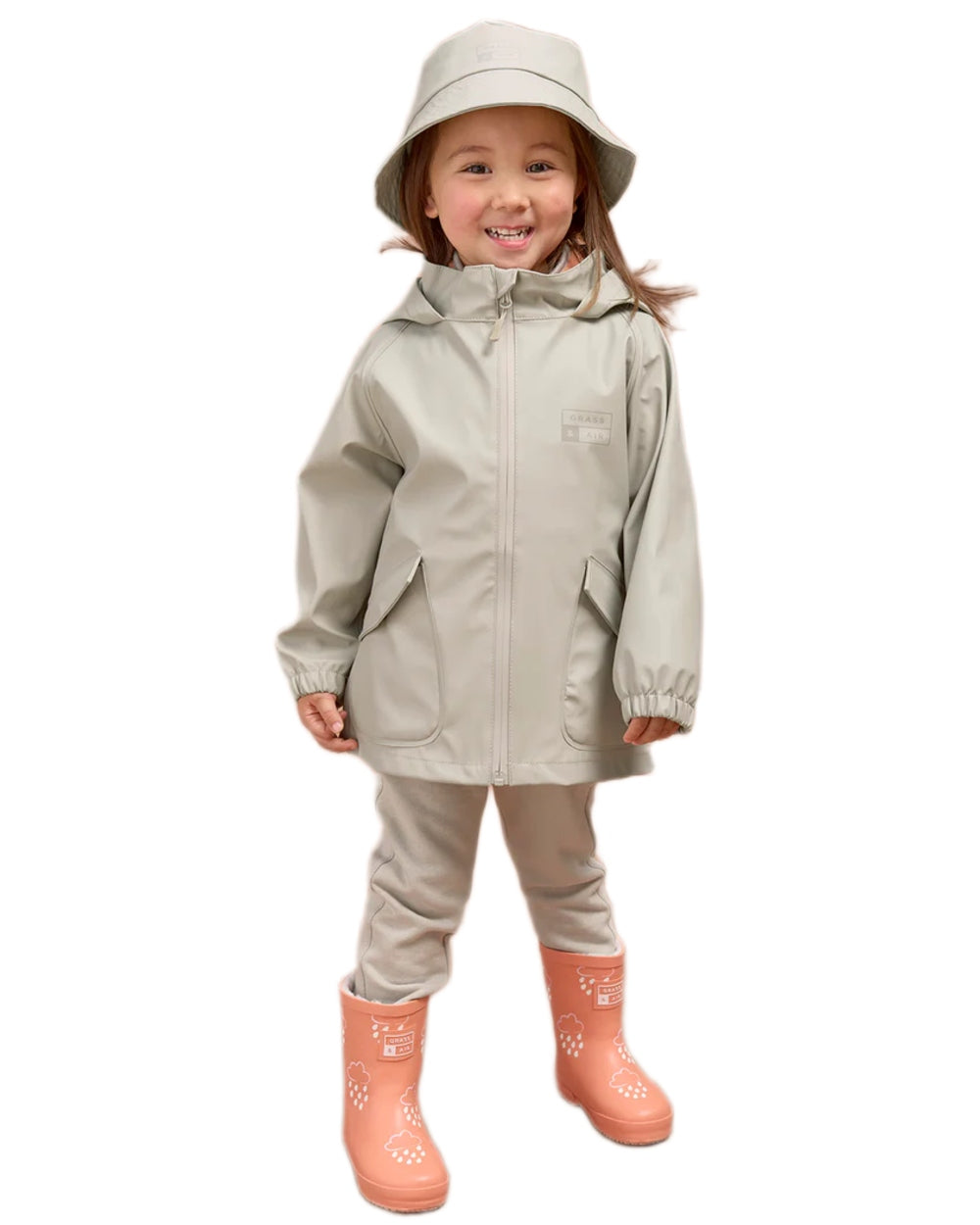 Geothermal Grey coloured Grass &amp; Air Childrens Rainster Jacket on white background 