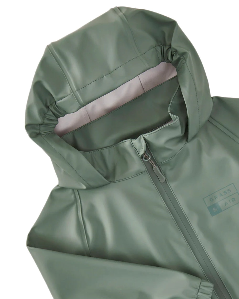 Khaki Green coloured Grass &amp; Air Childrens Rainster Jacket on white background 