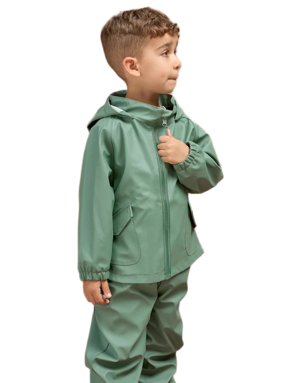Khaki Green coloured Grass &amp; Air Childrens Rainster Jacket on white background 