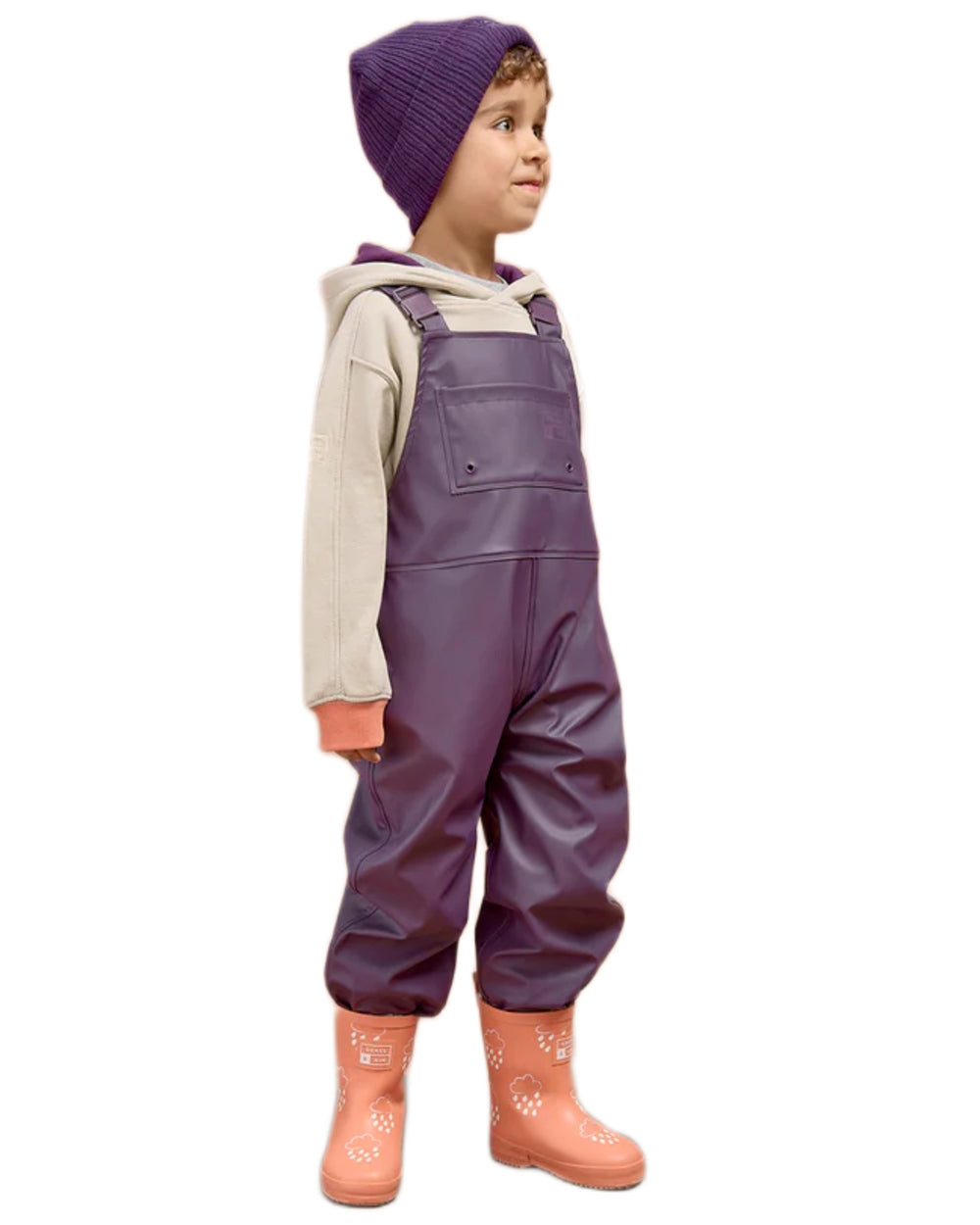 Amethyst Purple coloured Grass &amp; Air Childrens Rainster Waterproof Dungaree on white background 