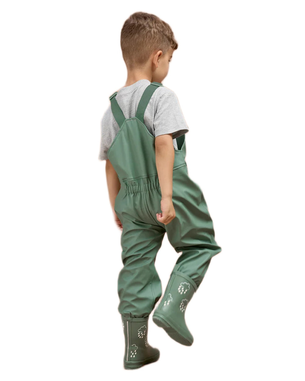 Khaki coloured Grass &amp; Air Childrens Rainster Waterproof Dungaree on white background  