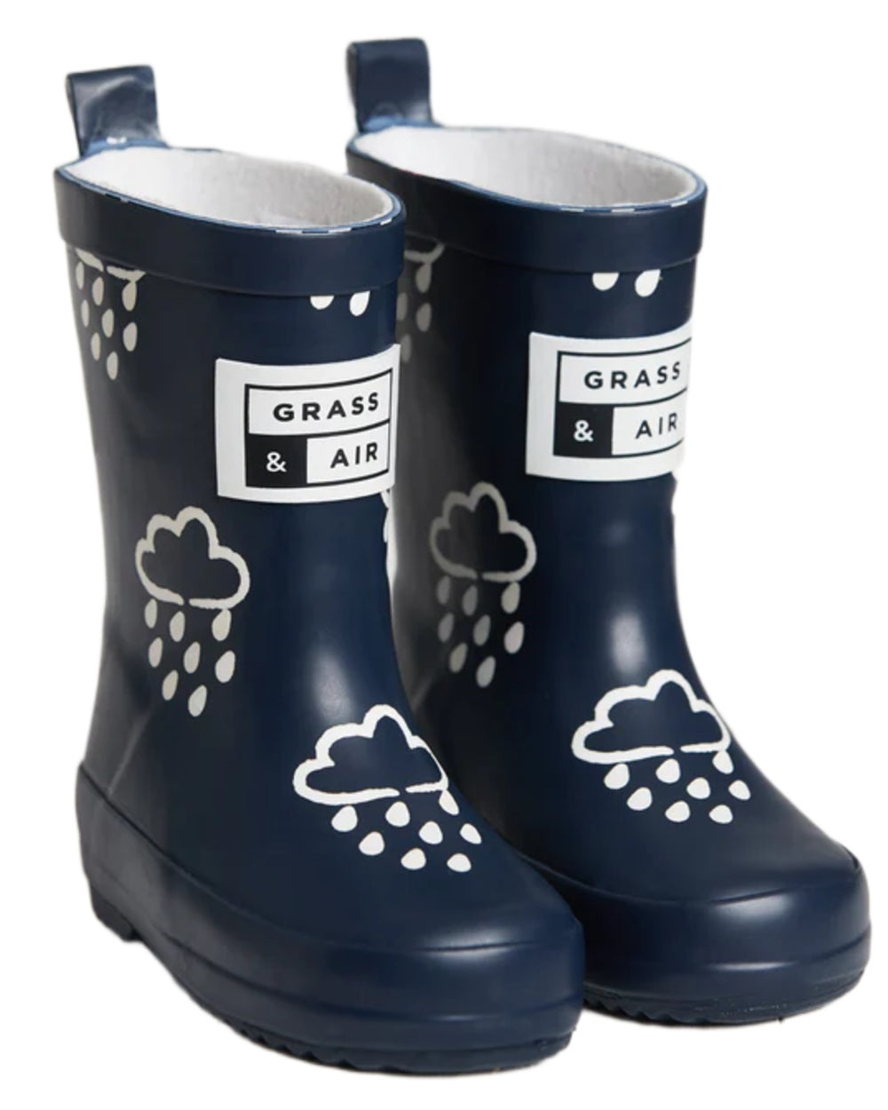 Navy coloured Grass &amp; Air Childrens Colour-Revealing Wellies on white table background 