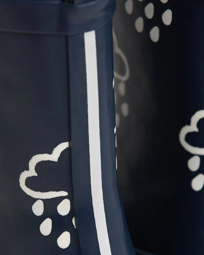 Navy coloured Grass &amp; Air Childrens Colour-Revealing Wellies on white table background 