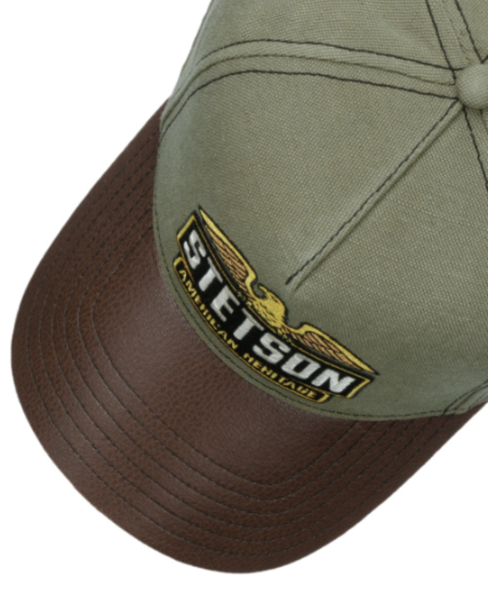 Green/Brown coloured Stetson Army Trucker Cap on White background 