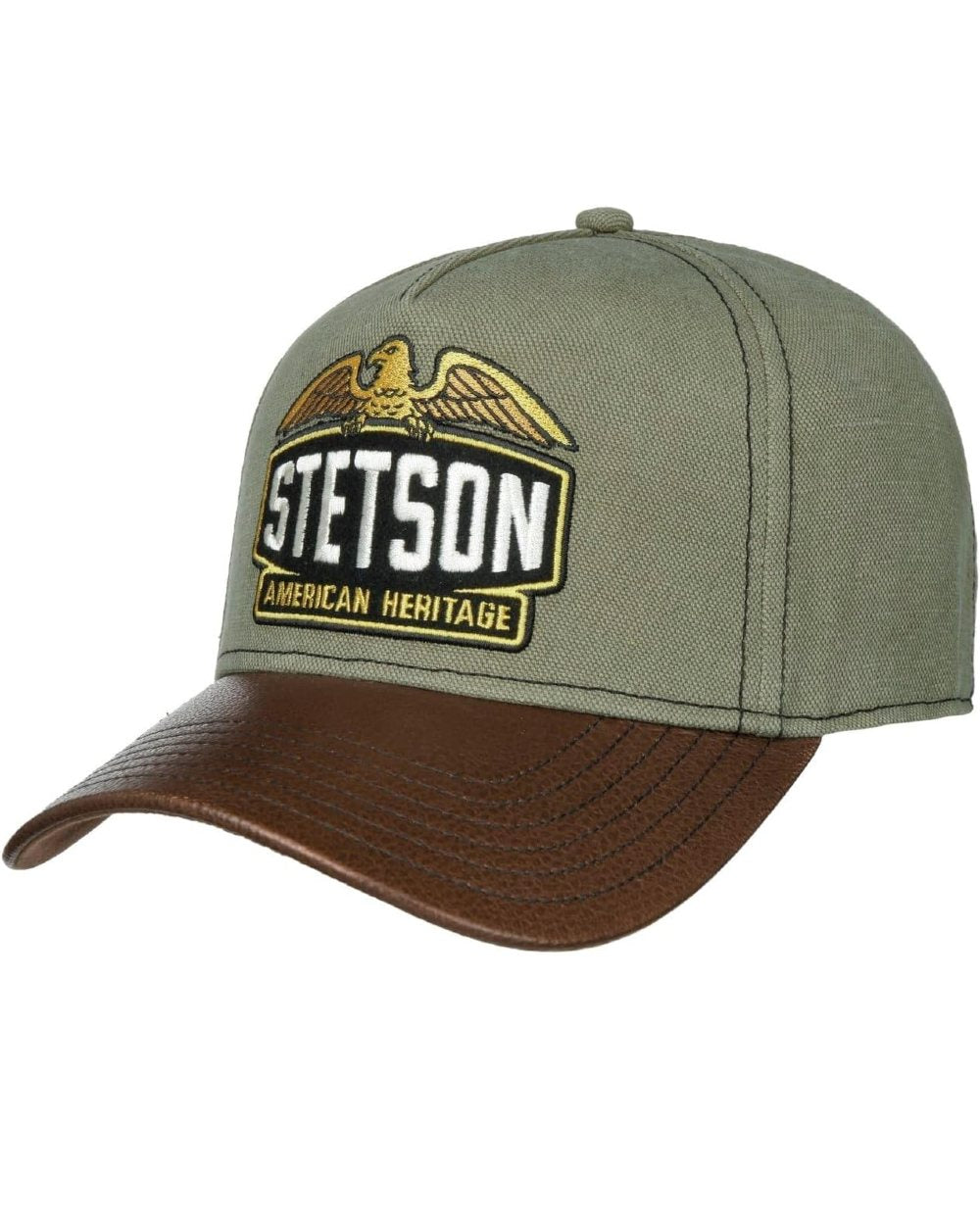 Green/Brown coloured Stetson Army Trucker Cap on White background 