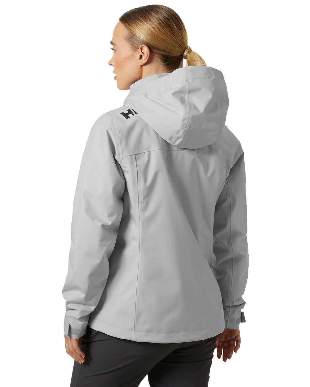 Grey Fog Coloured Helly Hansen Womens Crew Hooded Midlayer Sailing Jacket 2.0 On A White Background 