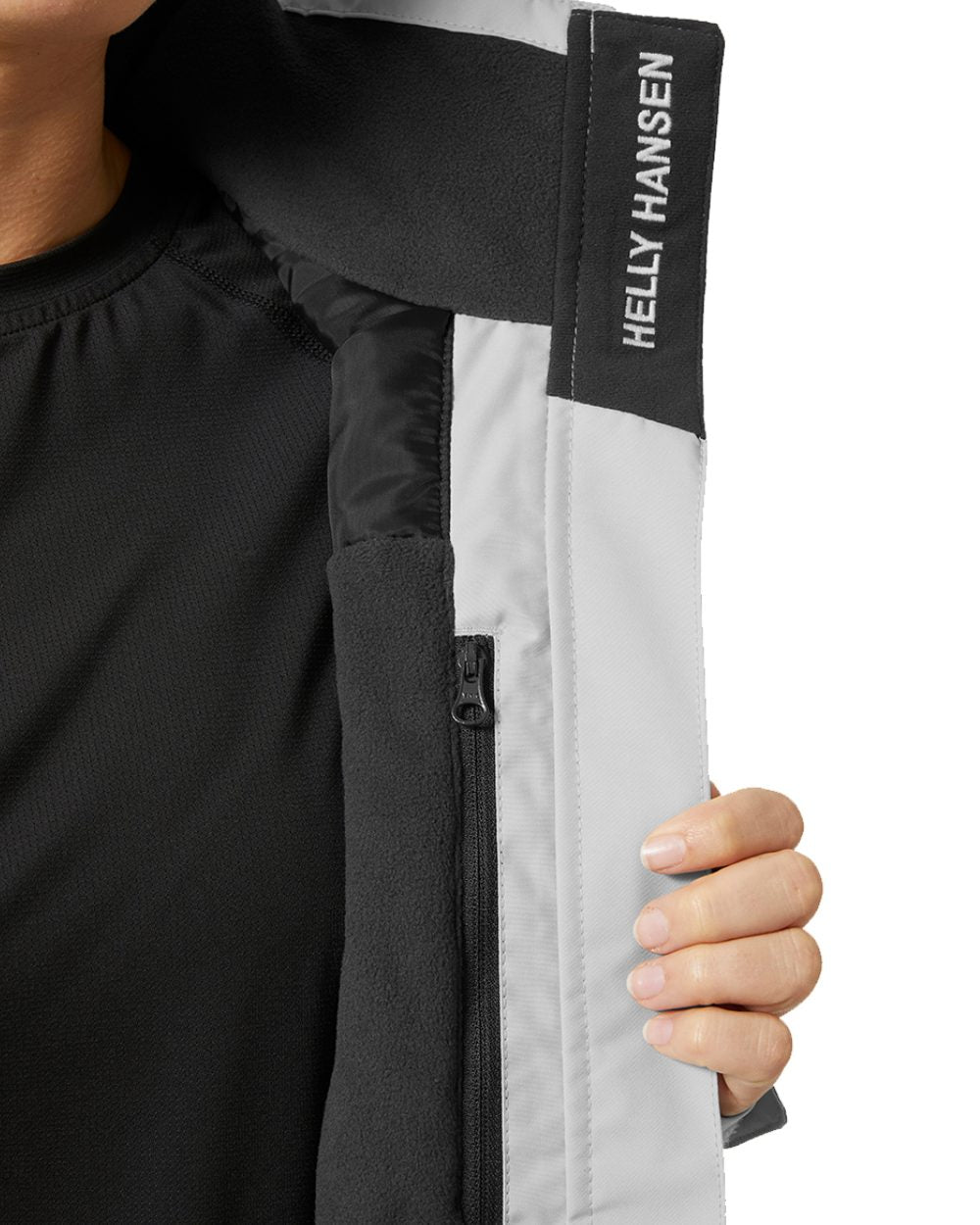 Grey Fog Coloured Helly Hansen Womens Crew Hooded Midlayer Sailing Jacket 2.0 On A White Background 