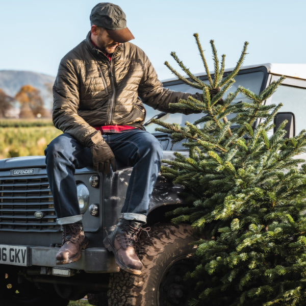 Man sitting on a Land Rover with a Christmas tree, outdoors.