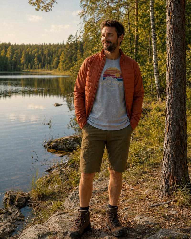 A man stands outdoors by a lake wearing a rust-orange quilted jacket over a light gray graphic t-shirt, olive green shorts, and brown hiking boots, with trees and water in the background.