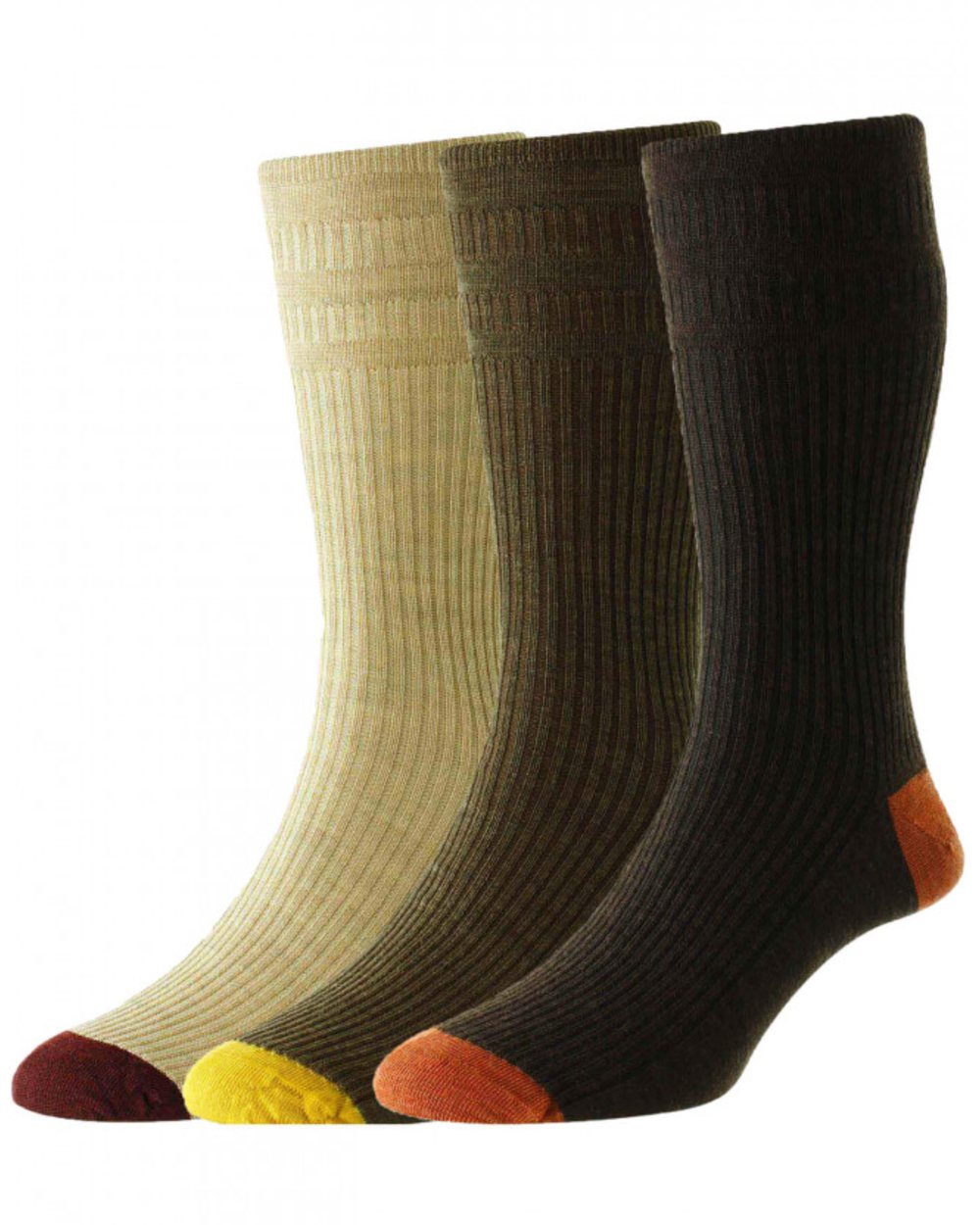 Brown Mix coloured HJ HALL Contrast Heel &amp; Toe Wool Rich Softop Socks 3 Pair Pack on white background 