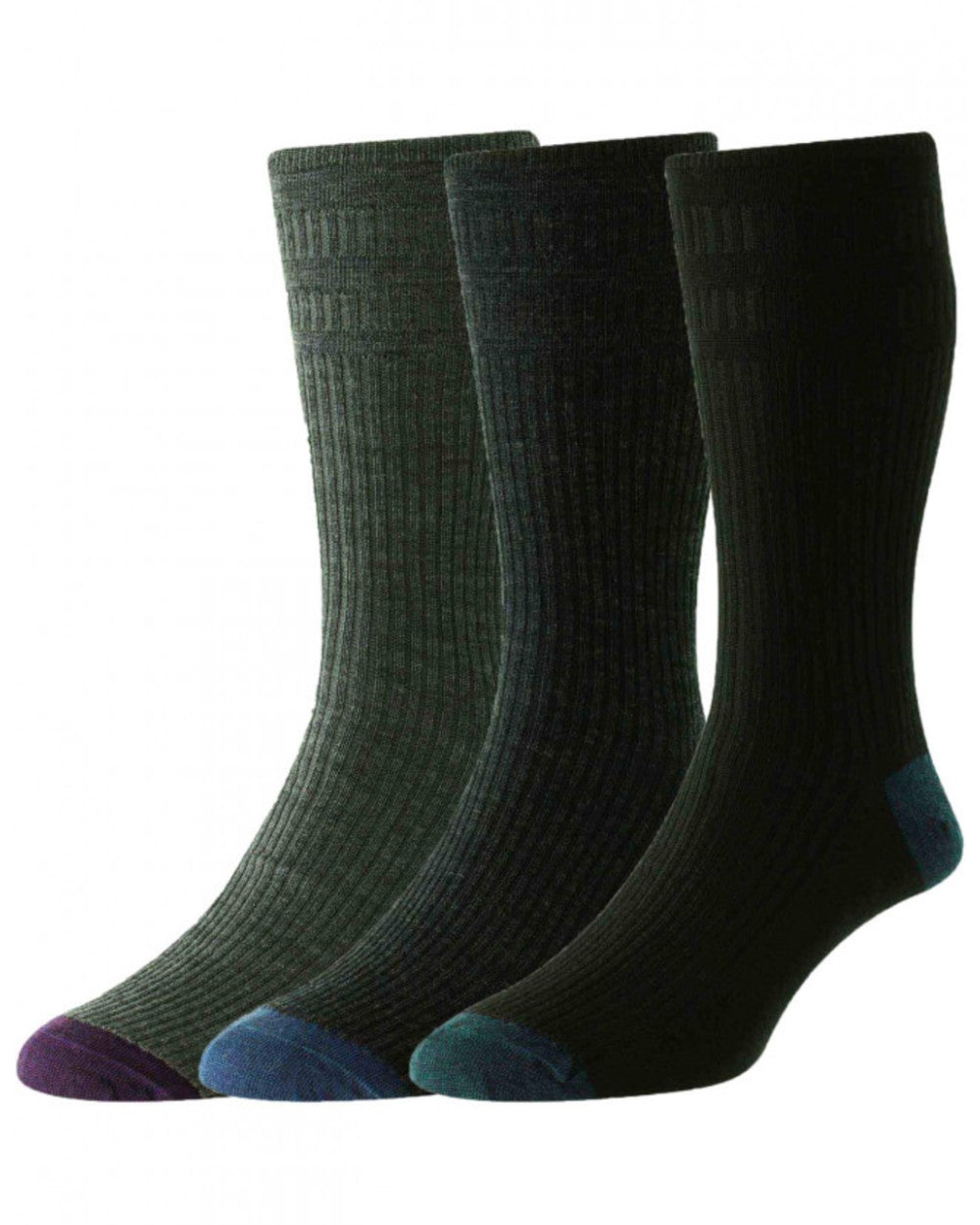 Grey Mix coloured HJ HALL Contrast Heel &amp; Toe Wool Rich Softop Socks 3 Pair Pack on white background 