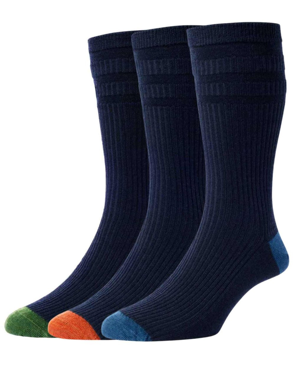 Navy Mix coloured HJ HALL Contrast Heel &amp; Toe Wool Rich Softop Socks 3 Pair Pack on white background 