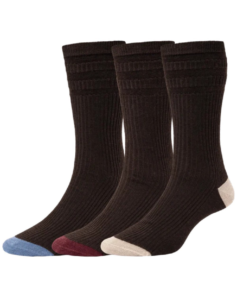 New Brown Mix coloured HJ HALL Contrast Heel &amp; Toe Wool Rich Softop Socks 3 Pair Pack on white background 