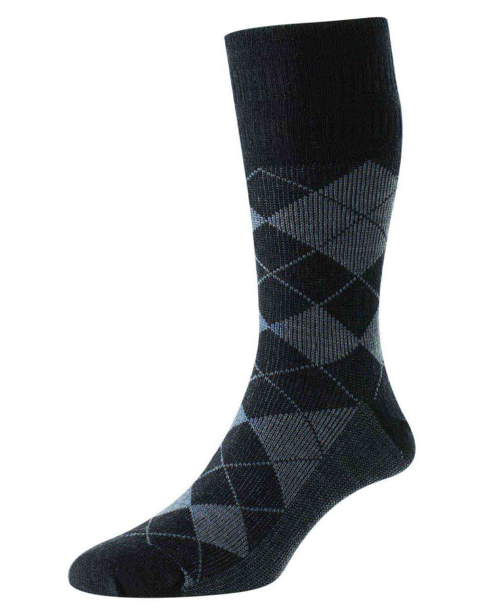 Navy Light Blue coloured HJ Hall Argyle Wool Softop Socks on white background 