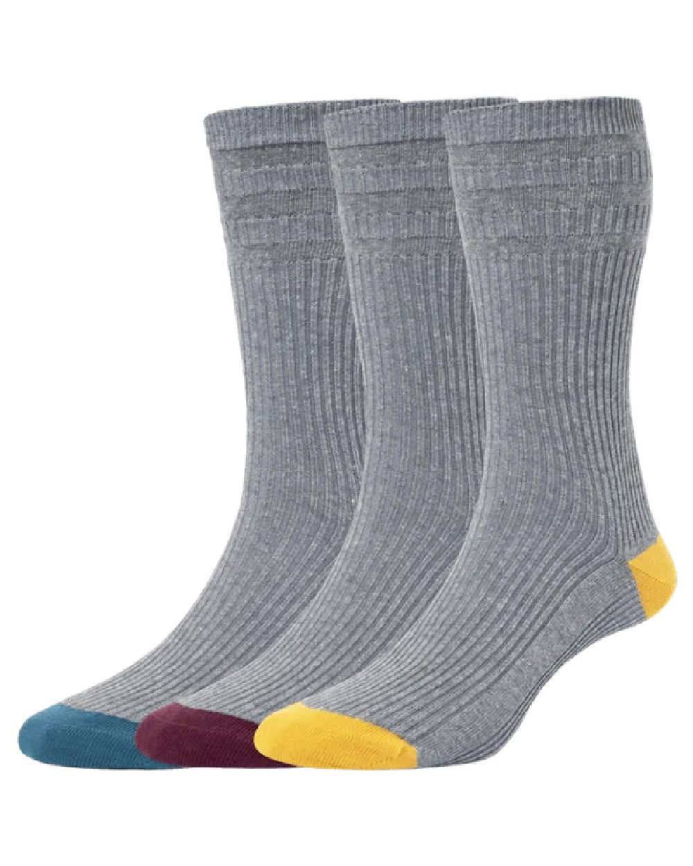 Grey Mix coloured HJ Hall Contrast Heel And Toe Cotton Softop 3 Pair Pack on white background 