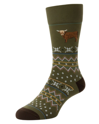 Olive coloured HJ Hall Country Animal Fairisle Socks on white background 
