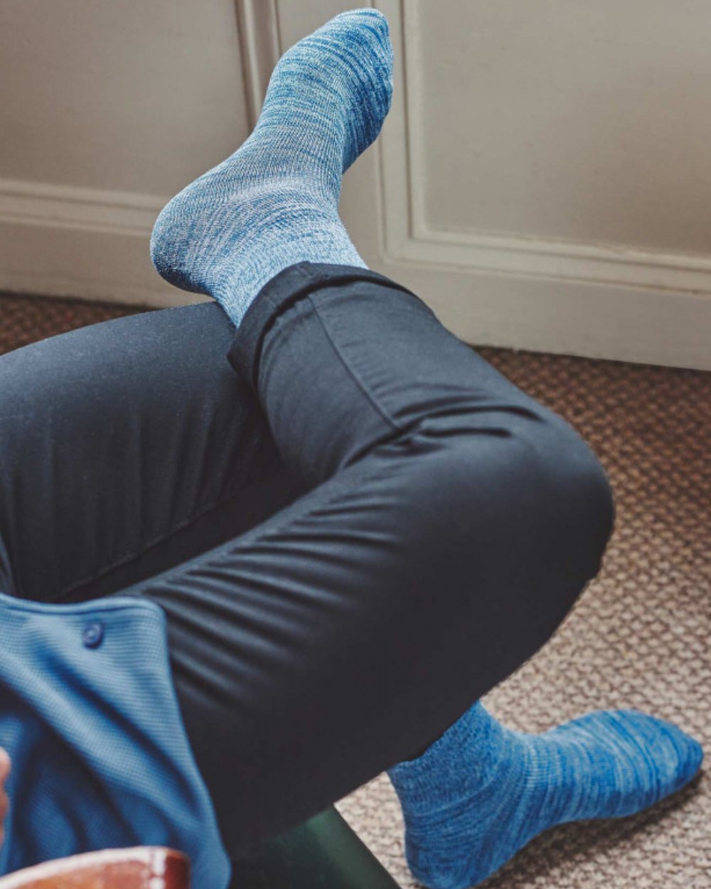 Indigo Faded Denim coloured HJ Hall Diabetic Lightweight Cotton Socks on indoor background 