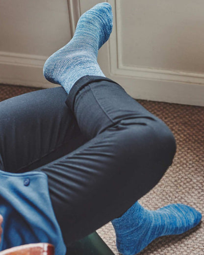 Indigo Faded Denim coloured HJ Hall Diabetic Lightweight Cotton Socks on indoor background 