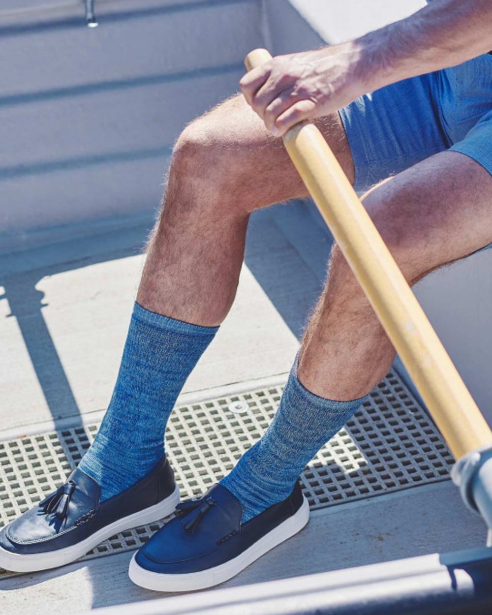 Indigo Faded Denim coloured HJ Hall Diabetic Lightweight Cotton Socks on boat background 