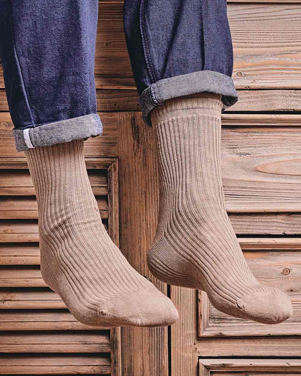Oatmeal coloured HJ Hall Extra Wide Soft Top Sock Sanitised Wool on indoor background 