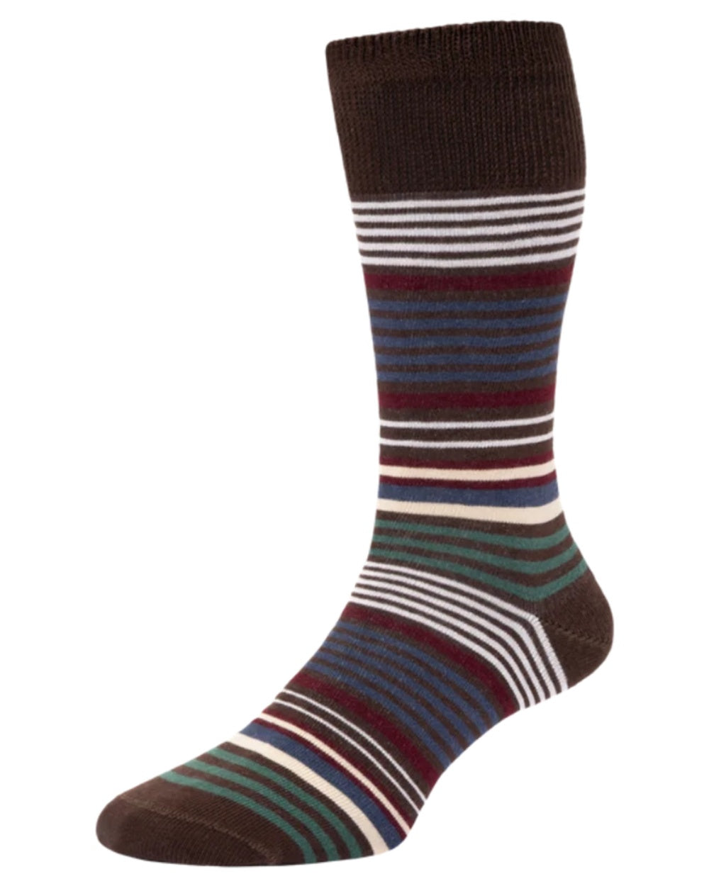 Brown coloured HJ Hall Graduated Stripe Comfort Top Socks on white background 
