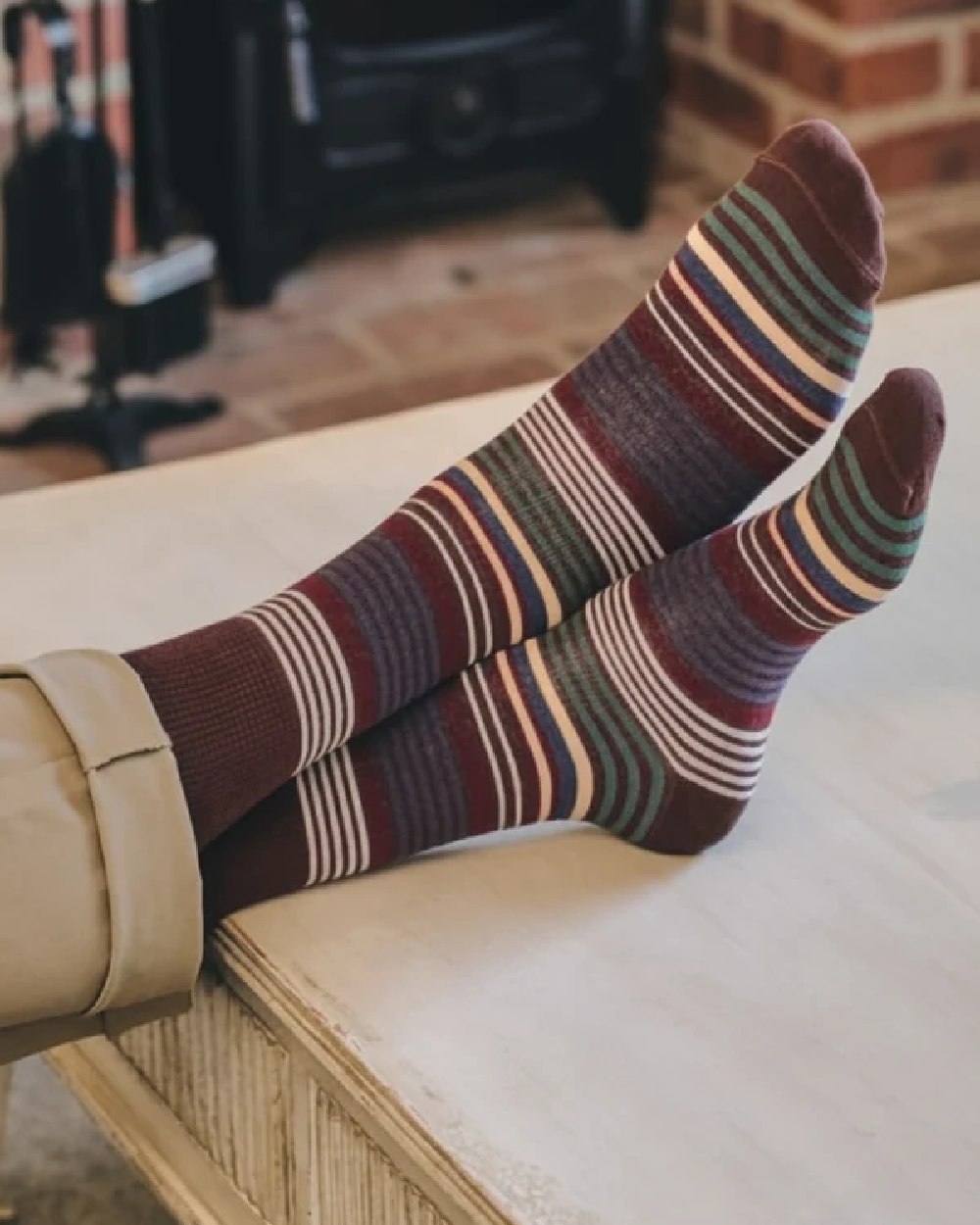 Brown coloured HJ Hall Graduated Stripe Comfort Top Socks on indoor background 