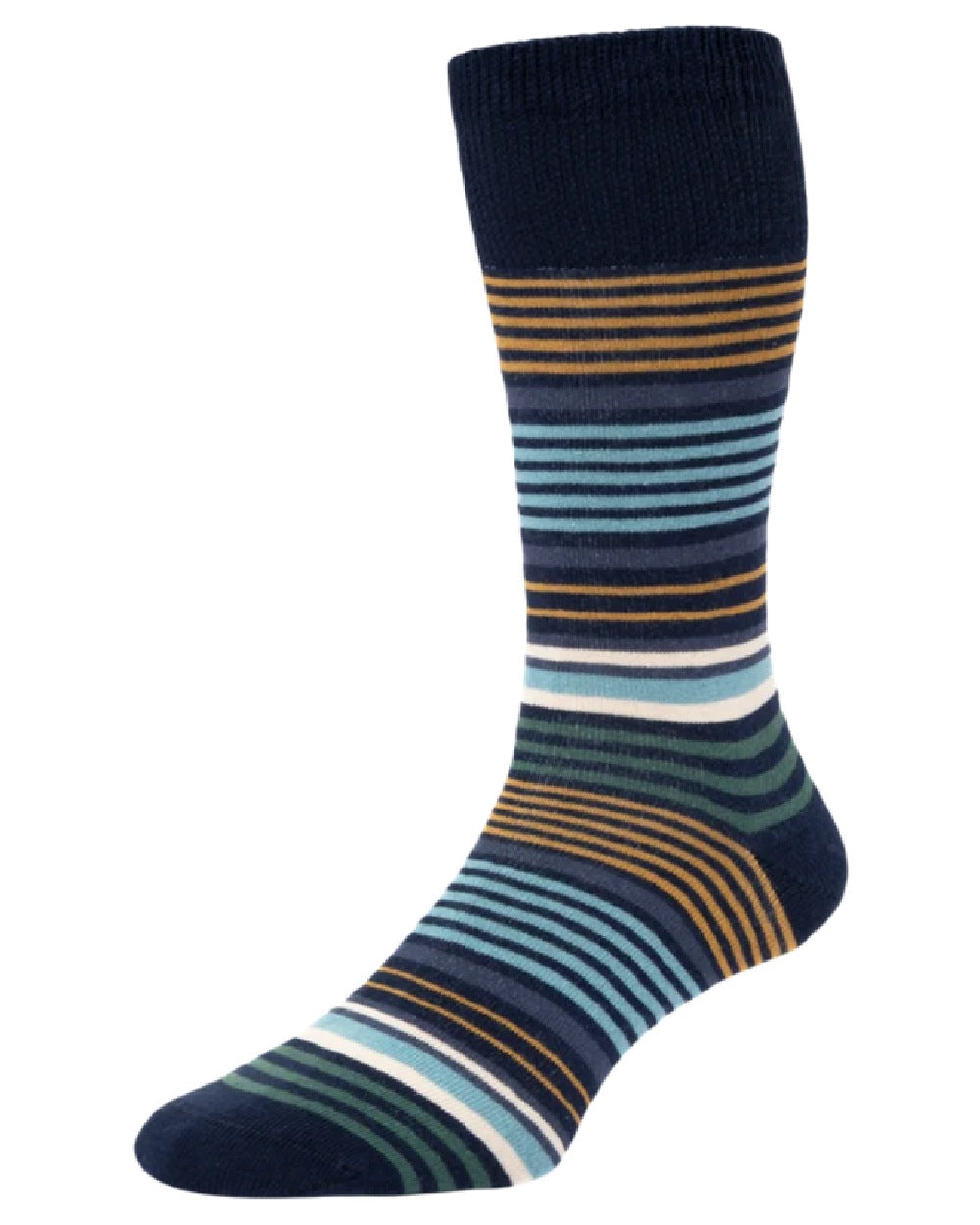 Navy coloured HJ Hall Graduated Stripe Comfort Top Socks on white background 