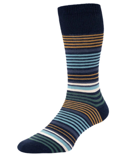 Navy coloured HJ Hall Graduated Stripe Comfort Top Socks on white background 