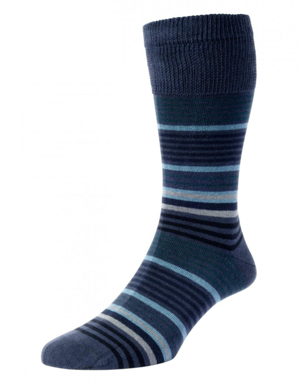 Slate Blue coloured HJ Hall Graduated Stripe Comfort Top Socks on white background 