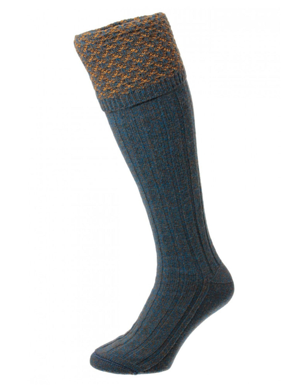 Petrol Marl coloured HJ Hall Hatfield Shooting Sock Textured Top on white background 