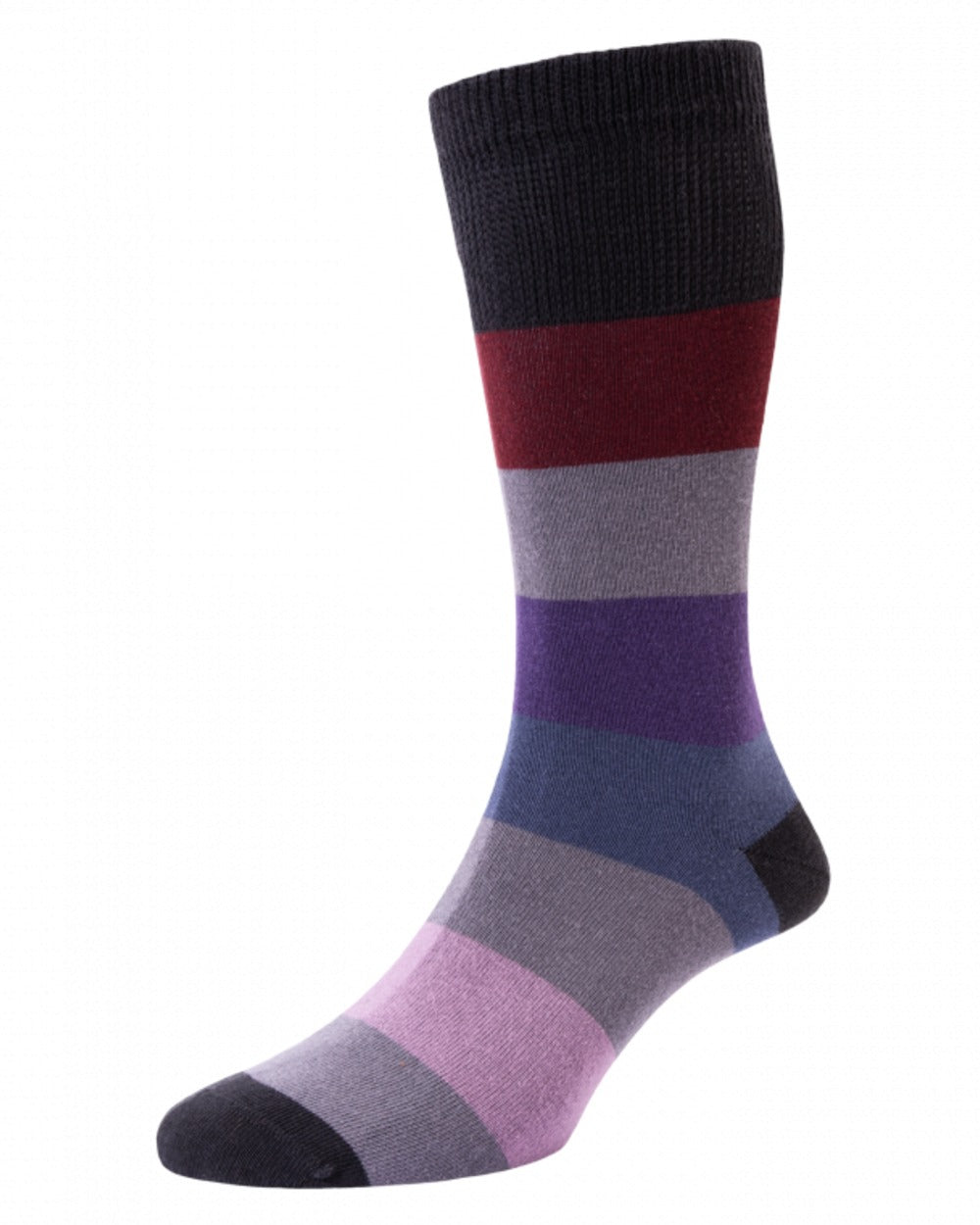 Charcoal coloured HJ Hall Mens Block Stripe Cotton Comfort Top Socks on white background 