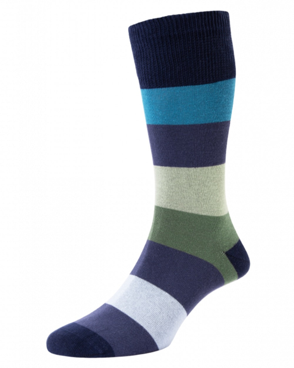 Navy coloured HJ Hall Mens Block Stripe Cotton Comfort Top Socks on white background 