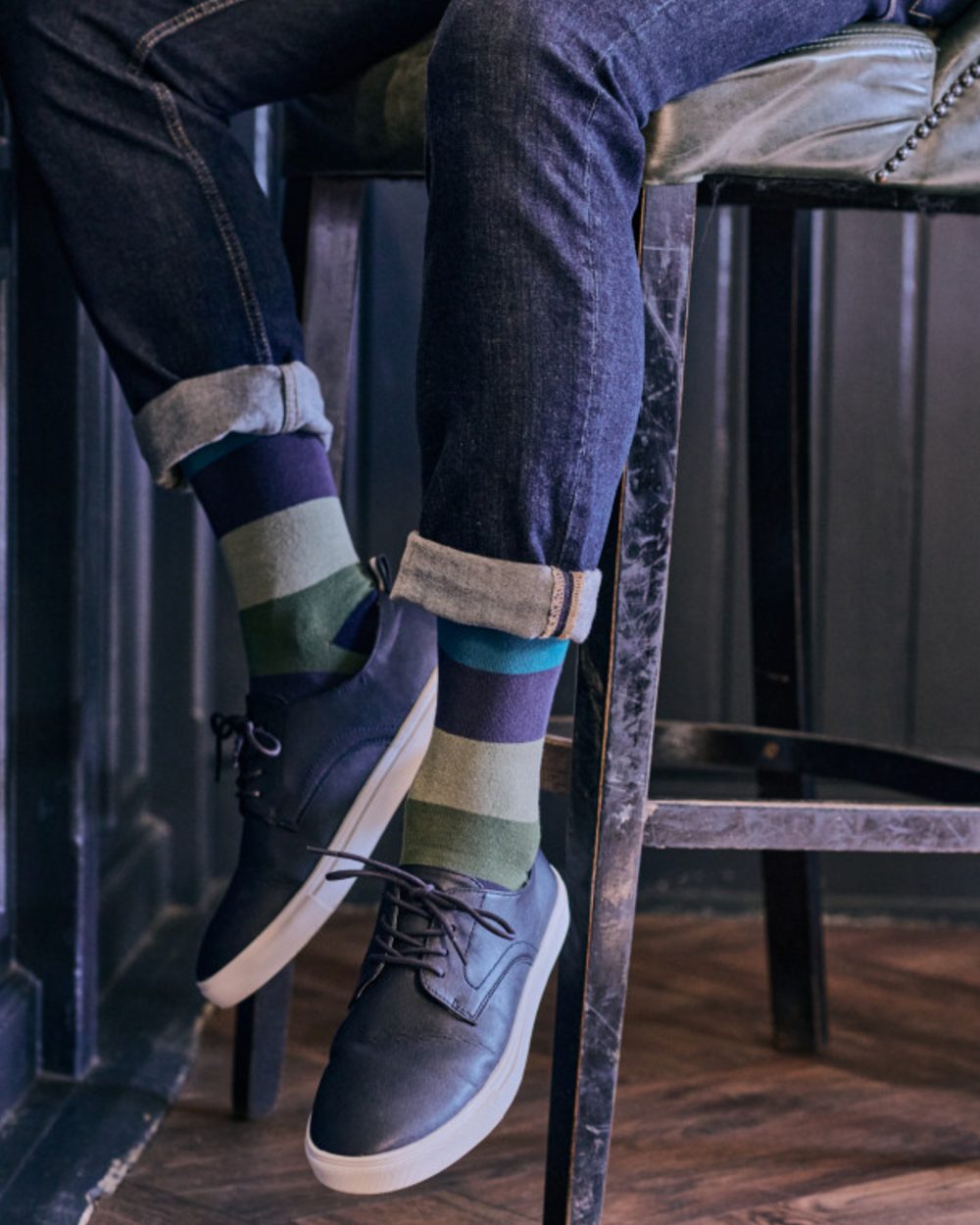 Navy coloured HJ Hall Mens Block Stripe Cotton Comfort Top Socks on outdoor background 