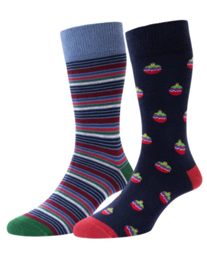 Navy Red Mix coloured HJ Hall Mens Christmas Decorations Motif Cotton Rich Socks 2 Pair Pack on white background 