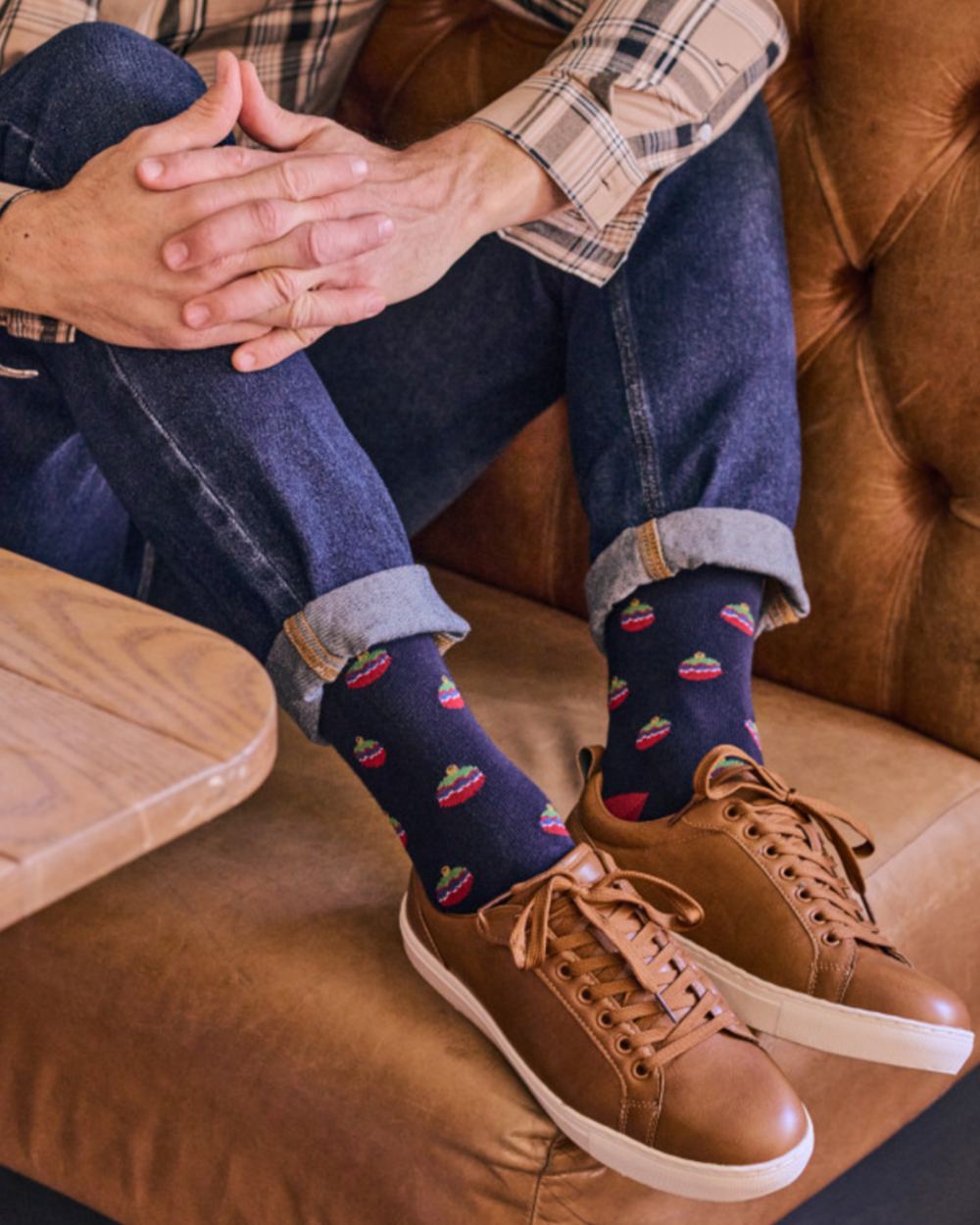 Navy Red Mix coloured HJ Hall Mens Christmas Decorations Motif Cotton Rich Socks 2 Pair Pack on indoor background 