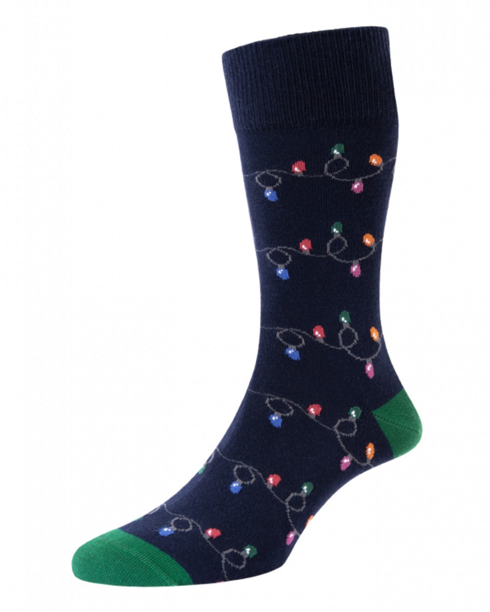 Navy coloured HJ Hall Mens Christmas Lights Motif Cotton Rich Socks on white background 