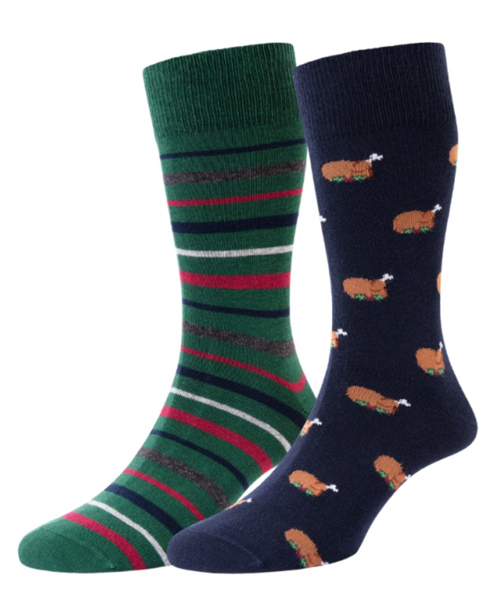 Navy Green Mix coloured HJ Hall Mens Christmas Turkey Motif Cotton Rich Socks on white background 