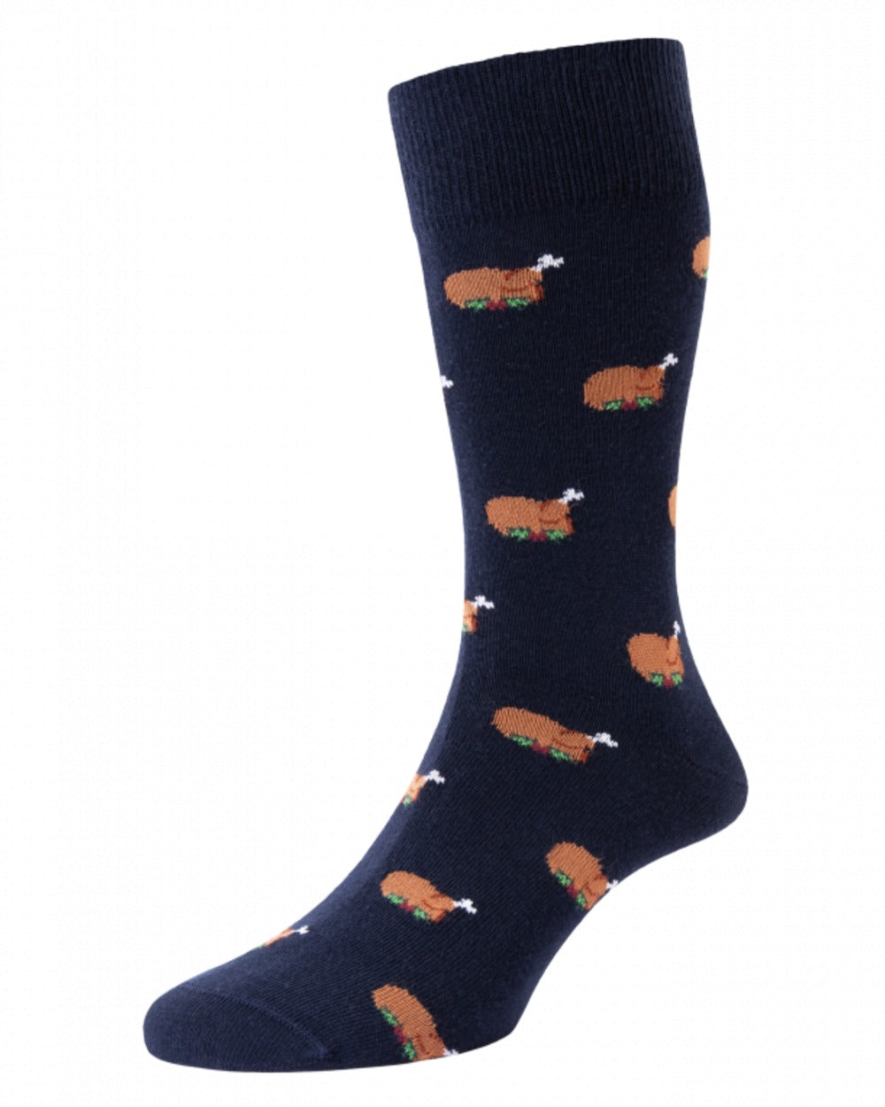 Navy Green Mix coloured HJ Hall Mens Christmas Turkey Motif Cotton Rich Socks on white background 