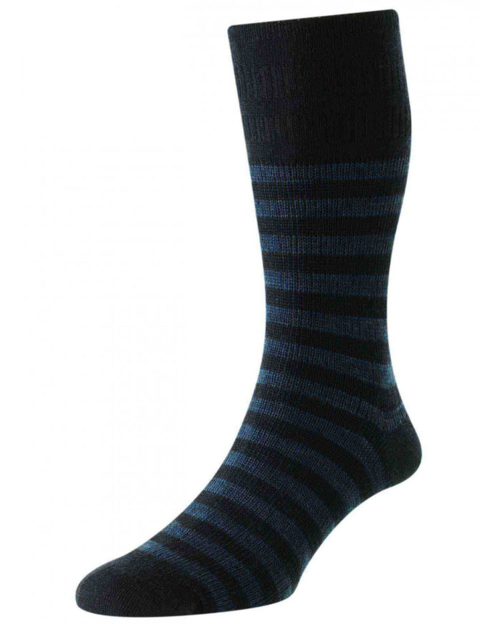 Navy coloured HJ Hall Mens Classic Stripe Wool Softop Socks on white background 